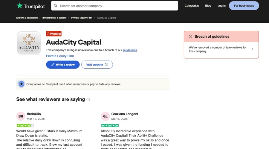 Trustpilot又来了：删除了12年历史的Prop交易公司AudaCity 